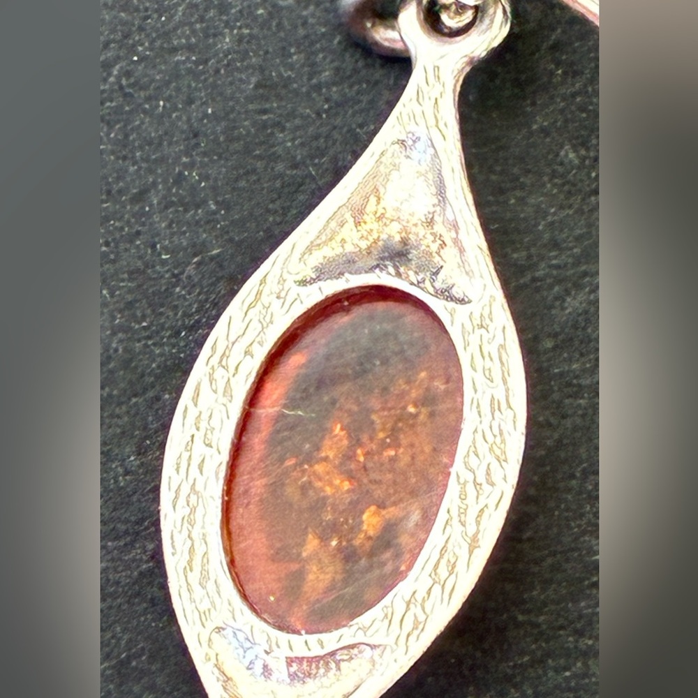 Amber Cabochon Drop Earrings - Silver Tone - Picture 3 of 4